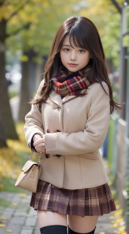 Smile、Raw photography、(((Portrait of extreme beauty)))、((glistning skin))、1人、18 year old beautiful girl in Prague、bright expression、((brown haired))、[Big blue eyes that shine like jewels]、Glossy glossy skin、Silky long straight hair、eye liner、Beautiful bangs、Hair between the eyes、beutiful breast、 (Light brown woolen coat and knee-high boots)(((Walking figure))), Tartan Check Mini Skirt:1.7, Burberry, Burberry Check Scarf:1.3,   In a row of ginkgo trees, Long, Magnificent ginkgo trees lined with autumn leaves on both sides of the road, golden leaves, A road with many fallen leaves that look golden:1.3, Filled with fallen leaves:1.3((​masterpiece、top-quality、ultra-detailliert、Film Light、intricate-detail、hight resolution、ighly detailed))、细致背景、8KUHD、Digital SLR、Soft light、hightquality、Film grain、FujifilmXT3 、Shallow depth of field、natural soft light、