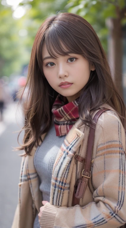 Smile、Raw photography、(((Portrait of extreme beauty)))、((glistning skin))、女の子1人、18 year old beautiful girl in Prague、bright expression、((brown haired))、[Big blue eyes that shine like jewels]、Glossy glossy skin、Silky long straight hair、eye liner、Beautiful bangs、Hair between the eyes、beutiful breast、 (Light brown woolen coat and knee-high boots)(((Walking figure))), Tartan Check Mini Skirt:1.7, Burberry, Burberry Check Scarf:1.3,   In a row of ginkgo trees, Long, Magnificent ginkgo trees lined with autumn leaves on both sides of the road, golden leaves, A road with many fallen leaves that look golden:1.3, Filled with fallen leaves:1.3((​masterpiece、top-quality、ultra-detailliert、Film Light、intricate-detail、hight resolution、ighly detailed))、细致背景、8KUHD、Digital SLR、Soft light、hightquality、Film grain、FujifilmXT3 、Shallow depth of field、natural soft light、