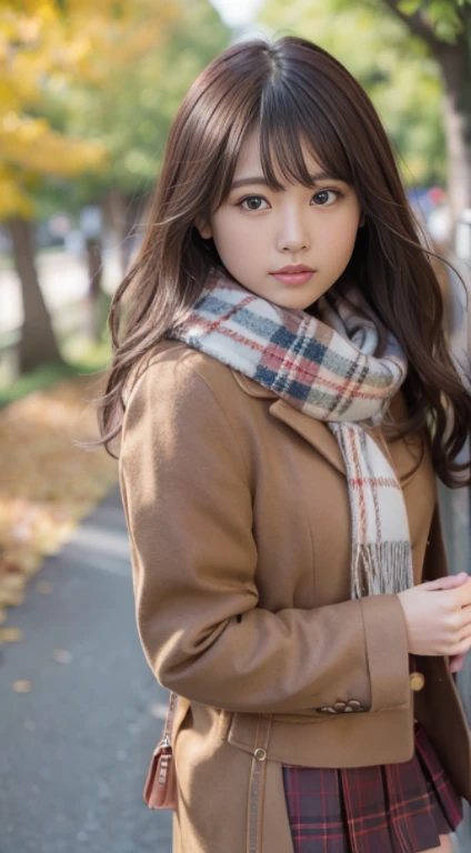 Smile、Raw photography、(((Portrait of extreme beauty)))、((glistning skin))、女の子1人、18 year old beautiful girl in Prague、bright expression、((brown haired))、[Big blue eyes that shine like jewels]、Glossy glossy skin、Silky long straight hair、eye liner、Beautiful bangs、Hair between the eyes、 (Light brown woolen coat and knee-high boots)(((Walking figure))), Tartan Check Mini Skirt:1.7, Burberry, Burberry Check Scarf:1.3,   In a row of ginkgo trees, Long, Magnificent ginkgo trees lined with autumn leaves on both sides of the road, golden leaves, A road with many fallen leaves that look golden:1.3, Filled with fallen leaves:1.3((​masterpiece、top-quality、ultra-detailliert、Film Light、intricate-detail、hight resolution、ighly detailed))、细致背景、8KUHD、Digital SLR、Soft light、hightquality、Film grain、FujifilmXT3 、Shallow depth of field、natural soft light、