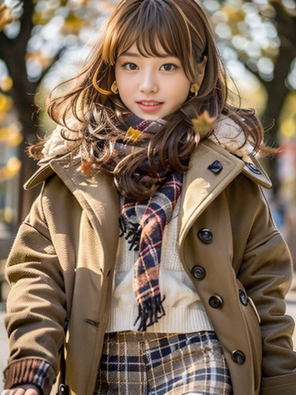 (Photorealistic), (ultra high realistic), (Ultra high definition), (ultra high detailed), (Increase contrast), (Increase saturation), (15yo girl), (light skinned)A pretty woman with perfect figure, Cute face, beautiful expression, (Lifelike face), Beautiful hairstyle, Realistic eyes, beautiful detail, (real looking skin), Beautiful skins, enticing, The ultra -The high-definition, A hyper-realistic, Realistic, Very detailed, Japanese, Semi-long curly hair, Bangs, (Brown hair), (slim figure), (Cute idol of Japan walking in light brown wool coat and knee-high boots, Tartan check)((a miniskirt:1.2,)) Burberry, Burberry Check Scarf:1.3, knit hat, Fall Winter 2023-2024), (), Gentle smile, Brown hair, ( earrings ), (Supermodel Figures), From below:1.3, In a row of ginkgo trees, Long, Magnificent ginkgo trees lined with autumn leaves on both sides of the road, Autumn, golden leaves, A road with many fallen leaves that look golden:1.3, Filled with fallen leaves:1.3