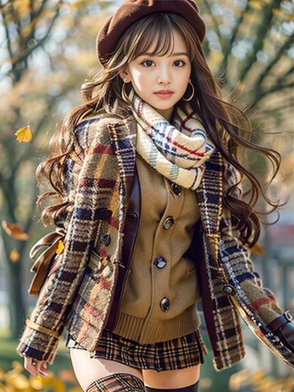 (Photorealistic), (ultra high realistic), (Ultra high definition), (ultra high detailed), (Increase contrast), (Increase saturation), ( girl), (light skinned)A pretty woman with perfect figure, Cute face, beautiful expression, (Lifelike face), Beautiful hairstyle, Realistic eyes, beautiful detail, (real looking skin), Beautiful skins, enticing, The ultra -The high-definition, A hyper-realistic, Realistic, Very detailed, Japanese, Semi-long curly hair, Bangs, (Brown hair), (slim figure), (Cute idol of Japan walking in light brown wool coat and knee-high boots, Tartan check)((a miniskirt:1.2,)) Burberry, Burberry Check Scarf:1.3, knit hat, Fall Winter 2023-2024), (), Gentle smile, Brown hair, ( earrings ), (Supermodel Figures), From below:1.3, In a row of ginkgo trees, Long, Magnificent ginkgo trees lined with autumn leaves on both sides of the road, Autumn, golden leaves, A road with many fallen leaves that look golden:1.3, Filled with fallen leaves:1.3