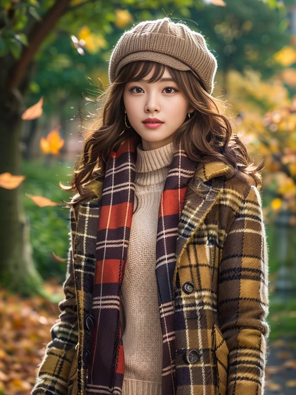 (Photorealistic), (ultra high realistic), (Ultra high definition), (ultra high detailed), (Increase contrast), (Increase saturation), ( girl), (light skinned)A pretty woman with perfect figure, Cute face, beautiful expression, (Lifelike face), Beautiful hairstyle, Realistic eyes, beautiful detail, (real looking skin), Beautiful skins, enticing, The ultra -The high-definition, A hyper-realistic, Realistic, Very detailed, Japanese, Semi-long curly hair, Bangs, (Brown hair), (slim figure), (Cute idol of Japan walking in light brown wool coat and knee-high boots, Tartan check)((a miniskirt:1.2,)) Burberry, Burberry Check Scarf:1.3, knit hat, Fall Winter 2023-2024), (), Gentle smile, Brown hair, ( earrings ), (Supermodel Figures), From below:1.3, In a row of ginkgo trees, Long, Magnificent ginkgo trees lined with autumn leaves on both sides of the road, Autumn, golden leaves, A road with many fallen leaves that look golden:1.3, Filled with fallen leaves:1.3