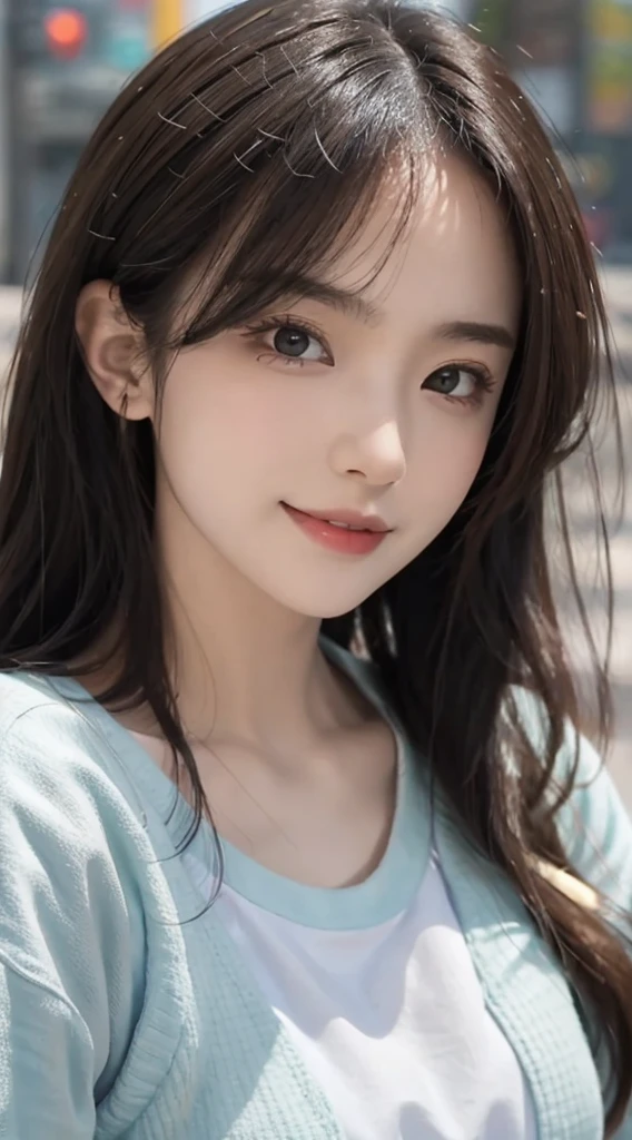 (RAW photogr:1.2), (Photorealistic:1.4), 1girll, 18 years old,adolable,a baby face,The most beautiful girl,Goose egg face,Oval face,Fleshy on the face,Good facial features,Sweet, funny and charming smile,The smile and eyes are captivating and attractive,Beautiful Meticulous Girl, very detailed eyes and faces, Beautiful detailed eyes, ultra - detailed, A high resolution, The is very detailed,best qualtiy,tmasterpiece,illustratio,The is very detailed,CG,unified,8K wallpapers,finely detailled,tmasterpiece,best qualtiy, Wallpapers,light in face,Movie lighting,Headshot,Attractive sexy expression, Match the brand:Mango top:Mint green loose short sleeve T-shirt(No leakage),(upperbody closeup)(Close-up of emoji)The body is fleshy,(looking to the camera),Random fashion hairstyle,hair flowing,perfect body figure,Dynamic posture,(Close-up view),Highlight the attractive expressions of the characters,The background is a random different seaside。
