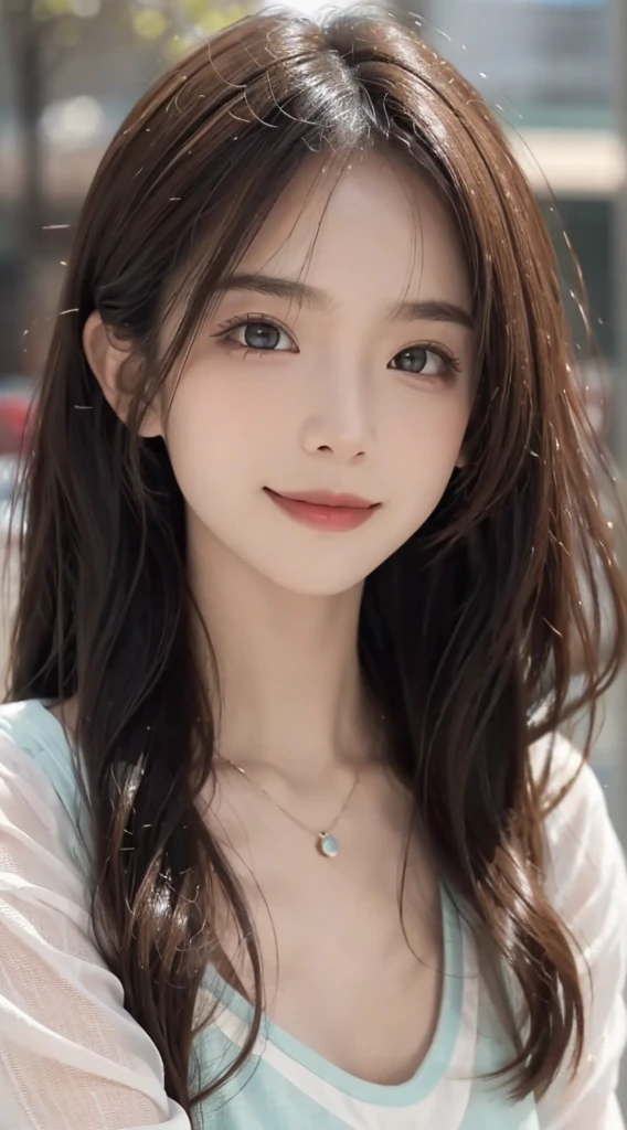 (RAW photogr:1.2), (Photorealistic:1.4), 1girll, 18 years old,adolable,a face,The most beautiful girl,Goose egg face,oval-face,fleshy on the face,,,,Good facial features,Dolce, Funny and charming smile,The smile and eyes are charming and charming,Beautiful meticulous girl, extremely detailed eye and face, Beautiful detailed eyes, ultra - detailed, hight resolution, Very detailed,best qualtiy,tmasterpiece,illustratio,Very detailed,nffsw,unified,8K Wallpapers,Up to detail,tmasterpiece,best qualtiy, wall-paper,Light on the Face,Movie Lighting,Headshot,Attractive sexy expressions, Align with your brand:Mango Top:Mint Green Loose Short Sleeve T-Shirt(No leakage),(upper body closeup)(Emoji close-up)the body is fleshy,(stares at the camera),random fashion hairstyles,Flowing hair,perfect body type,Dynamic Posture,(closeup view),Emphasize the character's appealing expression,The background is a randomly different seaside。