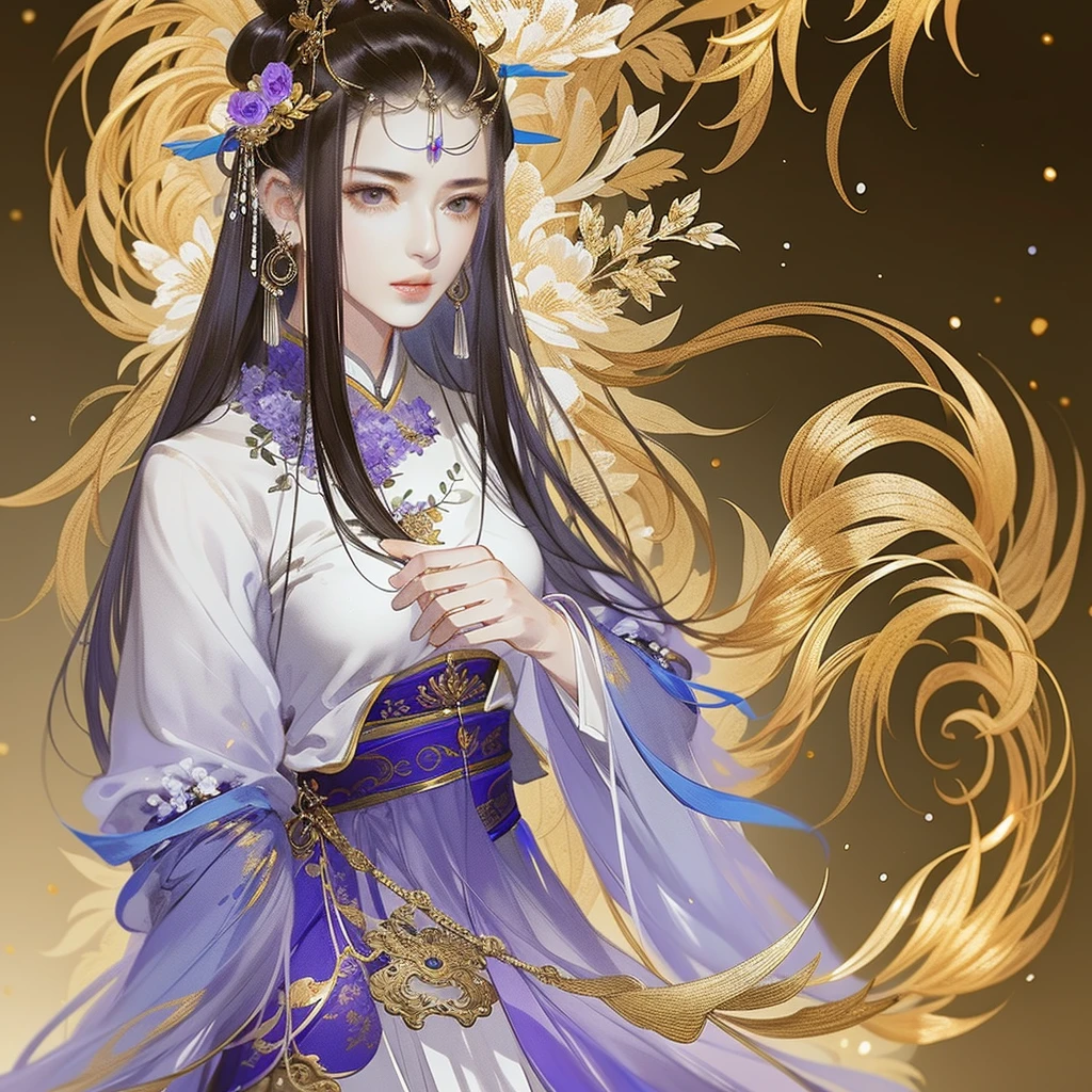 An ancient Chinese beauty, Yingluo Huanpei, dignified temperament, flowing long skirt, clear face, beautiful eyes, purple myrtle, masterpiece, super detailed, epic composition, super HD, high quality, highest quality, 32k