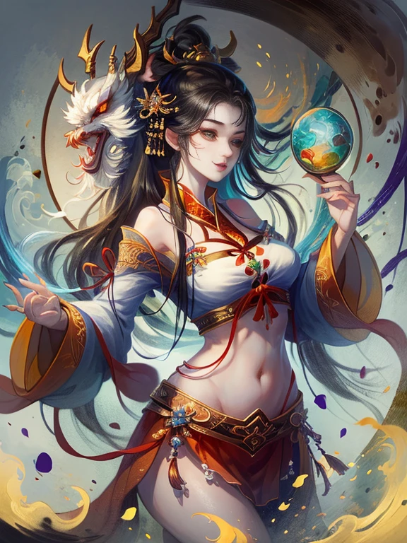 an ancient chinese painting, ancient chinese background,tmasterpiece, super detailing, Epic work, hyper HD, high high quality, The is very detailed,Best quality,(Tangled,tangled,wring),(s fractal art:1.4),1个Giant Breast Girl,black color hair,china idol,cropped shoulders,short skirt,Small thighs,navel,The content is very detailed,dynamic angle,cow boy shooting,(Chaos in its most beautiful form),Flowing,(vibrant with colors),overclocking,(Half a body:1.2),Chinese Big Breasts,(wall paintings:1.5),(ribbons:1.3),(Fantastic and magical:1.5),(Hanfu:1.5),chinesedragon,Chinese Phoenix,(ssmile:0.5 ),(Chinese God),