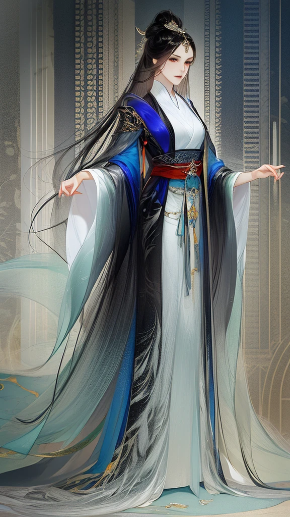 Best quality,tmasterpiece,very detailed wallpaper,1 Beautiful woman,Full body standing painting,female focus,black hair color hair,Long gray hair,Detailed faces,gorgeous hair accessory,looking at viewert,Hanfu,超高分辨率,sketching,ink wash style