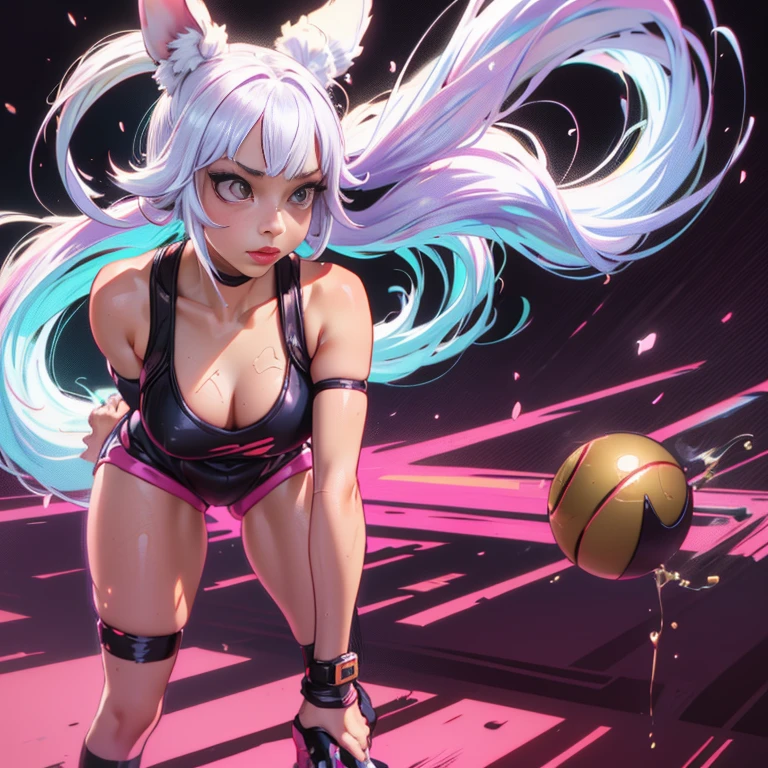 Lola bunny,bending over,(best quality,4k,8k,highres,masterpiece:1.2),ultra-detailed,(realistic,photorealistic,photo-realistic:1.37),beautiful detailed eyes,beautiful detailed lips,extremely detailed eyes and face,longeyelashes,toony style,fluffy fur,playful expression,athletic body,sporty outfit,curved silhouette,standing on a basketball court,looking over her shoulder,pink and white color palette,soft lighting