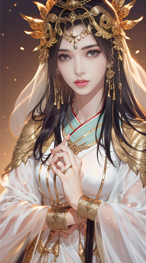 （8k，RAW photos：1.2），best qualtiy，1 Persian beauty、Beautiful face、Fine fine skin、veils，Gorgeous bun、hair adornments、Hanfu、jewelry、full bodyesbian，high detal，focal point，Flowing soft yarn，sketching，Denoising，dramatics，cinematic colorgrade，particle fx，white backgrounid，Ultra-high resolution，best shadow，RAW，（HDR）（Wallpapers）（cinmatic lighting）（Sharp focus），tmasterpiece，（The is very detailed的 CG unified 8k Wallpapers）