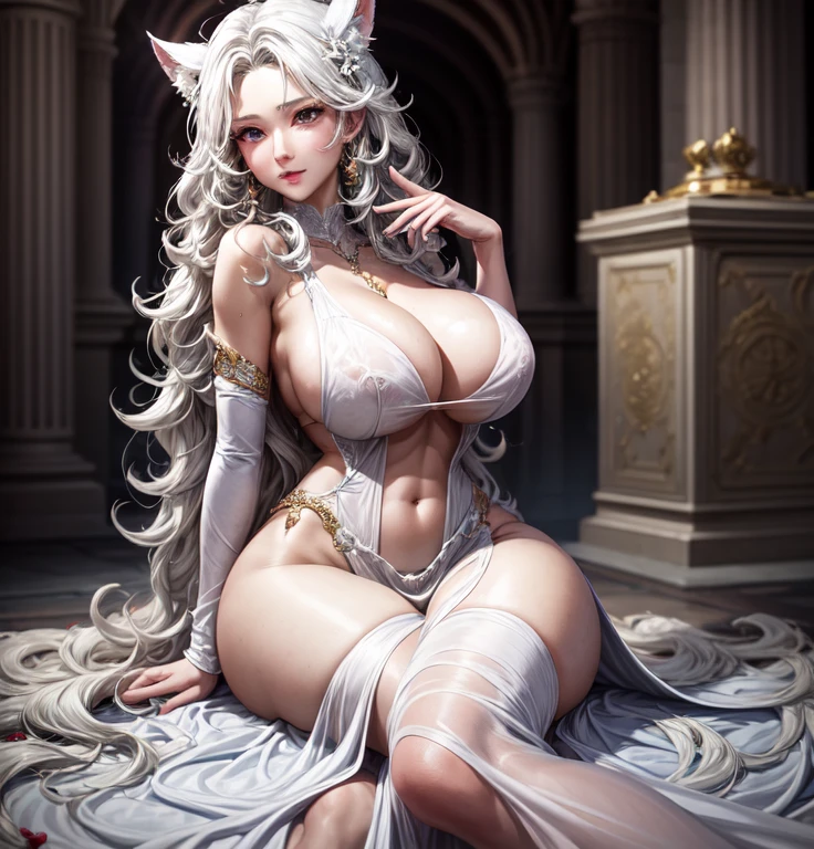 （（wavy white hair）：1.3，美丽细致的眼睛，proporções perfeitas，Eyes are bright，light make-up，choker necklace，ear jewelry，Pink and moist lips），1.sexy wife with，sacred place，Above the throne，Clothes soaked with sweat，Sexy backless white openwork robe，Elegant and beautiful hairpins，White wavy curls，Wear white stockings and high heels，（Huge cleavage，Heavy breasts，Big abs，Fitness buttocks，Slender legs，Stretch the meat，Fair and hydrated skin），（The atmosphere is ambiguous，a fairy world：1.2），（8K，tmasterpiece，realistically），（hyper-detailing，ultraclear，Whole body diagram），The woman's are right in front of the camera