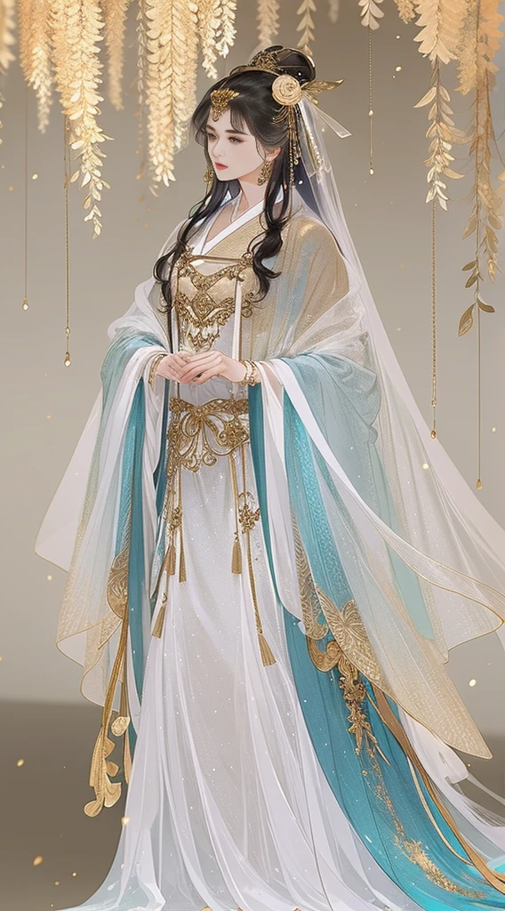 （8K，RAW photos：1.2），Best quality at best，1 Persian beauties、Nice face、Delicate skin、veils，Gorgeous robes、hair adornments、Hanfu、jewely、Full body lesbian，high detal，focal，Elegant and soft yarn，sketching，Denoising，theatrical，Film color grade，particle effect，white backgrounid，超高分辨率，The best shadow，raw，（HighDynamicRange）（Wallpapers）（电影灯光）（Focus sharp），tmasterpiece，（Very detailed CG unified 8k wallpaper），color，Pose，