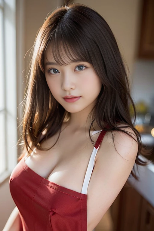 (top-quality), (fullnude:1.5), (White Apron:1.3), (thick material fabric:1.3), (Be red in the face:1.3), (barechested:1.3), (Breast overflow:1.4), (Realistic:1.5), girl, Precise hands, ((Inviting Pose)), Smile, Very cute girl, face, Cleaye liner、Shining eyes, The outer chest is visible, de pele branca、Beautiful skins, ultra-definition, Top resolution, , Brown hair((Angle from behind))