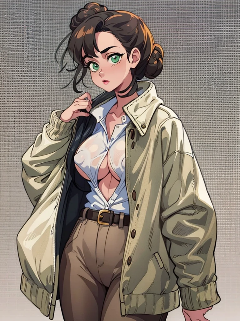 (best quality, masterpiece, illustration:1.1), [[[1girl]]], black bun haired jewish girl, (((big boobs))), huge boobs, [[[big nose!]]], big nose, (wearing white shirt and pale olive jacket along with brown pants), beautiful, highly detailed, 4k, perfect body, rich quality, hd, ultrahd, full body, idle pose, green eyes