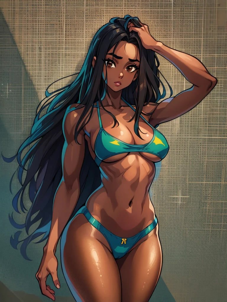 (best quality, masterpiece, illustration:1.1), [[[1girl]]], black teenage girl, big boobs, round brown eyes, long hair, [[[blue micro bikini]]] beautiful, highly detailed, 4k, perfect proportions, perfect body, rich quality, hd, ultrahd, perfect hands, perfect generated hands, [[[thin]]], [[[no muscles]]], (((thin!)))