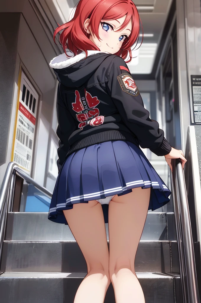 Nishikino maki,solo,1 girl,, purple eyes,red hair short hair,,,, red face, smile,,,, , full body shot , long hair, , looking at viewer, perfect face,top-quality, ultra-quality,from a blue skirt、jaket、Otonokizaka Uniform、pleatedskirt、student clothes、Winter clothes、BREAK (​masterpiece:1.2)、top-quality、hight resolution、unity 8k wall paper、(illustratio:0.8)、(beatiful detailed eyes:1.6)、extra detailed face、Perfect litthing、Highly detailed CG、 (perfect hand、perfect anatomia)、Look at viewers、red blush、A smile、Stand on the escalator, (By up escalator), (lower body shot), Thigh Focus, (Taken from the bottom 1.3), (View from behind1.3)、 (white panties:1.3)、(Skirt that rolls up:1.3)、(Fully exposed panties:1.5), full body shot