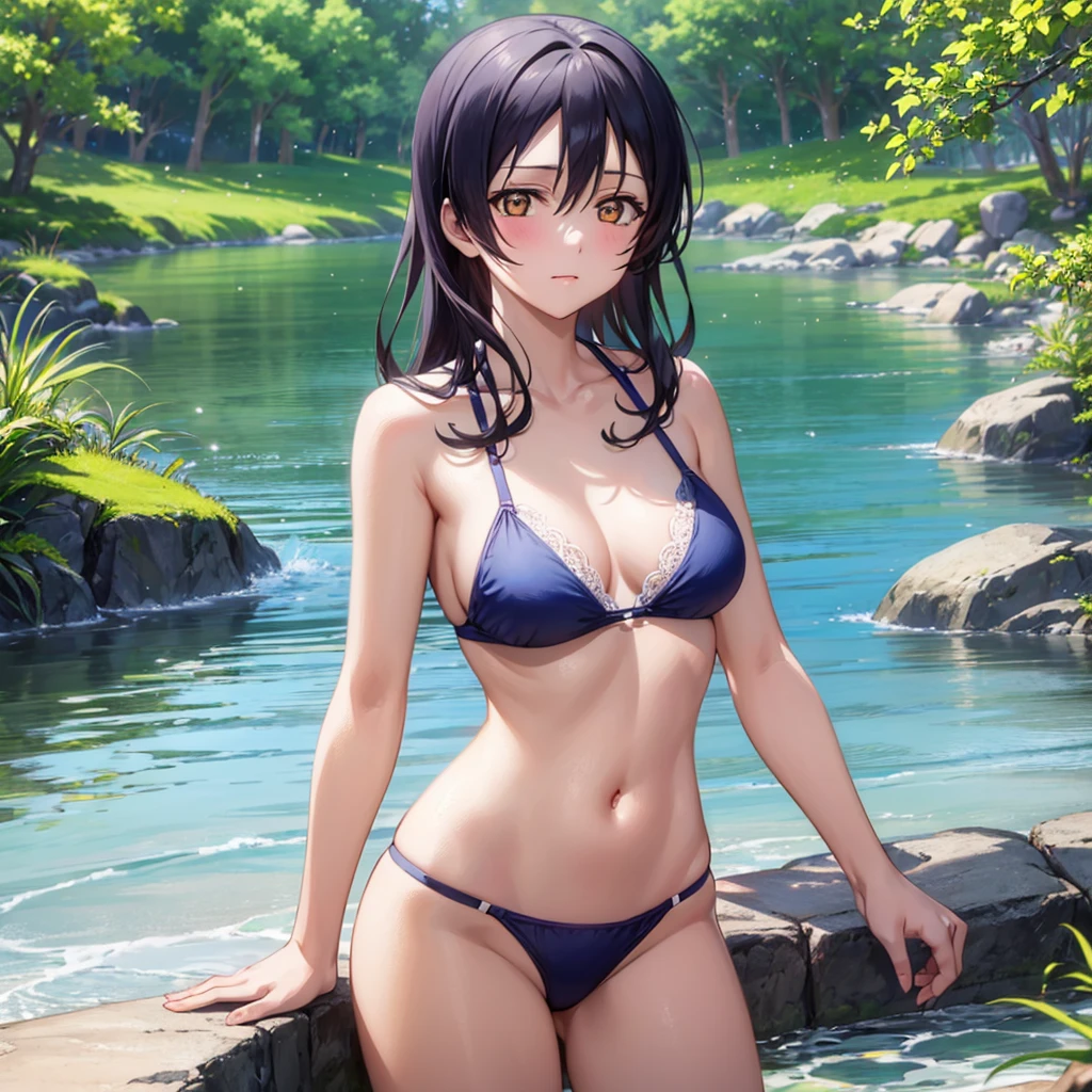 (((pixel-perfect, detail-perfect))), solo, 1girl, umi sonoda,long hair, looking at viewer,  small breast, highly detailed face, perfec face, perfect face,top-quality, ultra-quality,, in a lake,blue bikini, lace bikini, shot from behind,, white light background, slide shot, small breast, short hair , standing, shot frem behind