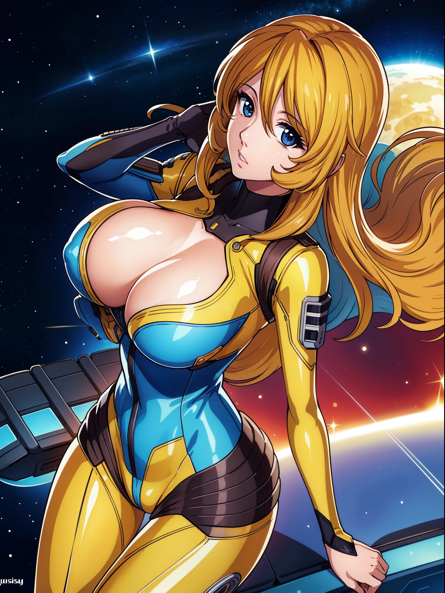 8k, 1girl,space ship,bodysuit,cleavage, night,galaxy, space, huge breasts, holding laptop, looking at viewer, , solo focus, cowboy shot, (masterpiece:1.4),(best quality:1.4),(shiny skin),steaming body ,