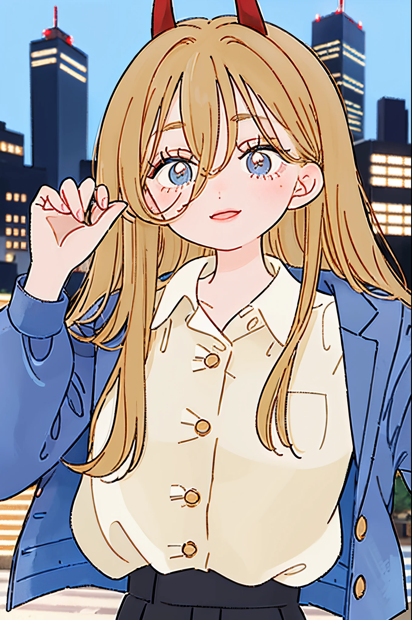 (absurdres, highres, ultra detailed, HDR), masterpiece, best quality, portrait, female focus, face focus, power, power from chainsawman, default_cloth, cross-shaped pupils, evil smile, her teeth looks like shirk’s one, blue jacket, collared shirt, black necktie, black pants, detailed face, detailed eye, detailed hair, detailed outfit, tokyo (city), city background, collapsed cityscape, luxurious, 8k, detailed, ray tracing, depth of field, cinematic lighting, looking at another, blue sky