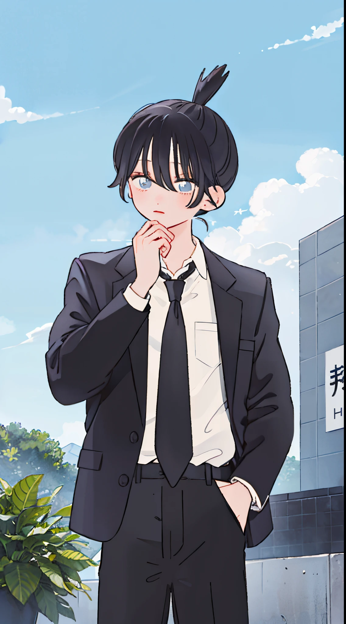 (masterpiece, best quality:1.2), cowboy shot, solo, male focus, looking at viewers, 1boy, hayakawa aki, handsome, topknot, thin and slender, default_cloth, black jacket, collared shirt, black necktie, black pants