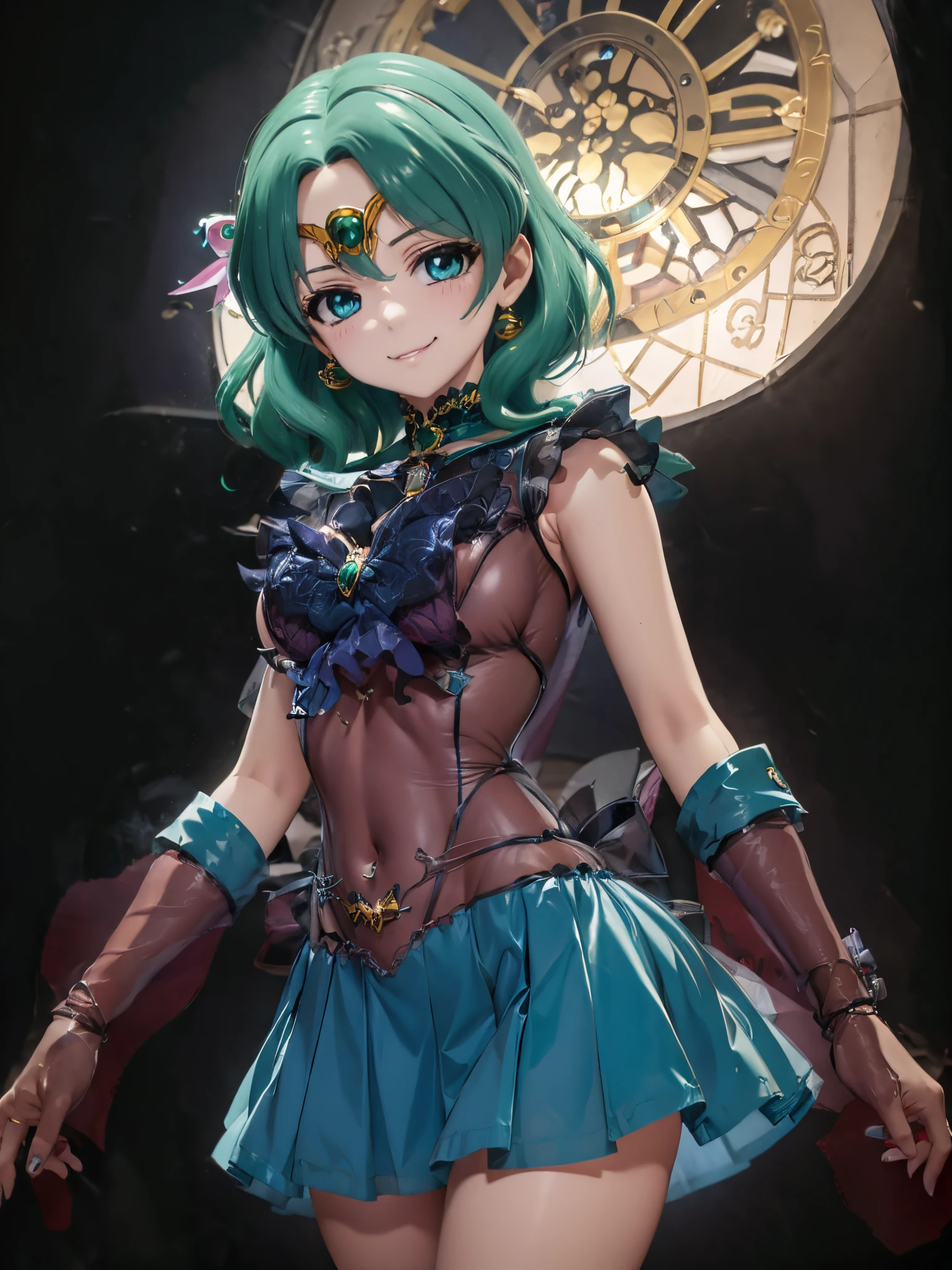 Sailor Neptune of the Fallen. female solo. Aqua color hair. Brainwashed eyes. A black mask that hides the eyes. Evil costume. nefarious smirk. Latex Costume. Full Body Stockings. Futuristic machine background.