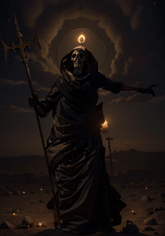 Na frente de uma igreja, human skulls, noite, corvos voando, velas acesas,