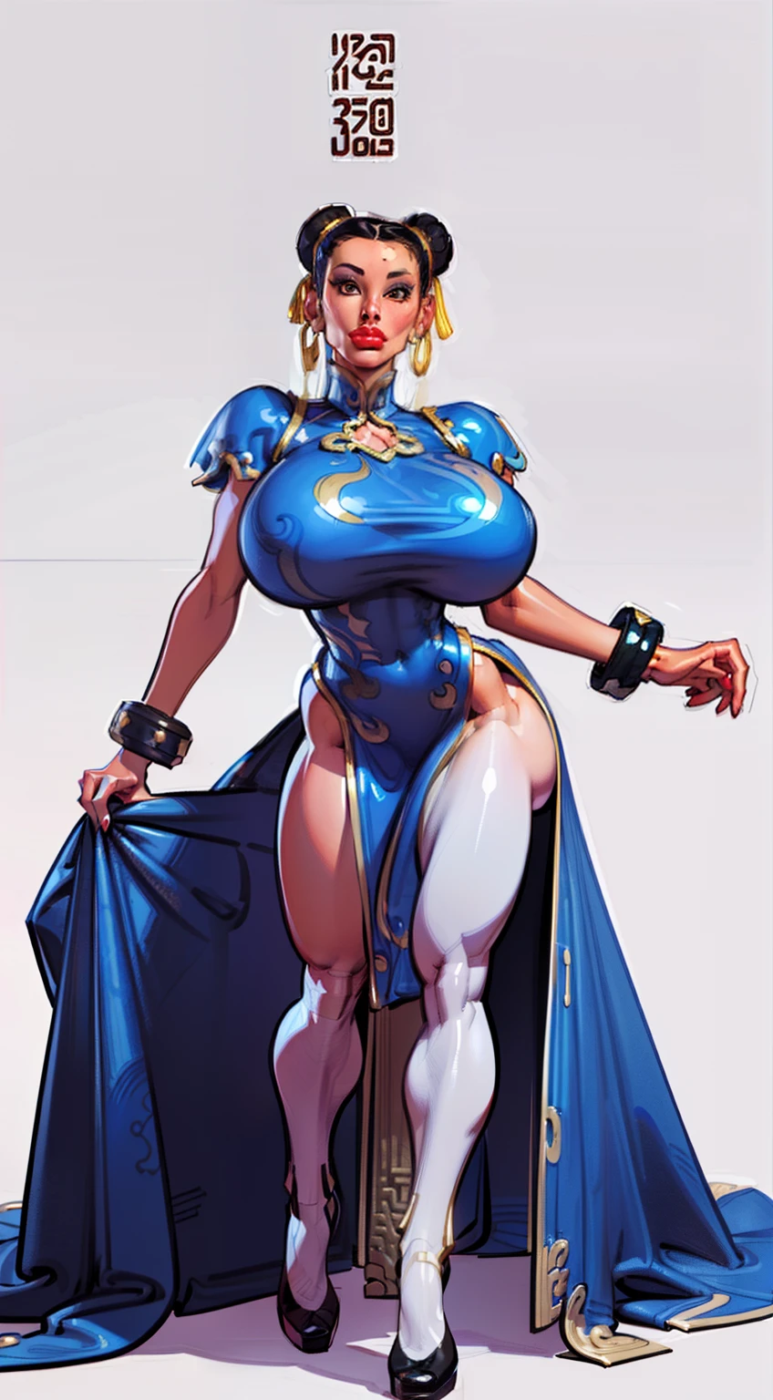 ((masterpiece)),(((best quality))),((character design sheet)),  ((chun_li)), ((full body view))  mature face, (twun hair buns),((middle eastern eyes:1.4)),  (((intricate futuristic breastplate))), defined cheekbones, high cheekbones, illustration, muscular, sexy bimbo, (gigantic breasts:1.7) black hair, ((detailed face:1.4)) beautiful woman, (Chinese:1.4) (white skin:1.4) , (red lipstick:1.4), shiny skin, scribbles and marks,(puffy lips:1.4) , rough sketches, pose, 8k,16k, (simple background, white background: 1.3) ((cool color palette)), ((cyberpunk aesthetic))