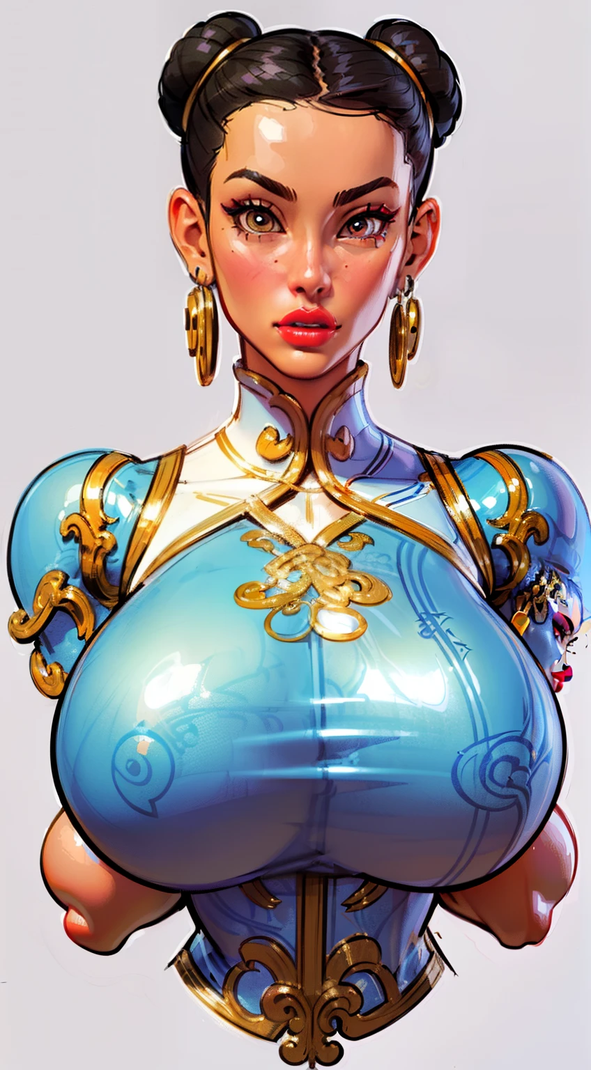 ((masterpiece)),(((best quality))),((character design sheet)),  ((chun_li)), ((full body view))  mature face, (twun hair buns),((middle eastern eyes:1.4)),  (((intricate futuristic breastplate))), defined cheekbones, high cheekbones, illustration, muscular, sexy bimbo, (gigantic breasts:1.7) black hair, ((detailed face:1.4)) beautiful woman, (Chinese:1.4) (white skin:1.4) , (red lipstick:1.4), shiny skin, scribbles and marks,(puffy lips:1.4) , rough sketches, pose, 8k,16k, (simple background, white background: 1.3) ((cool color palette)), ((cyberpunk aesthetic))