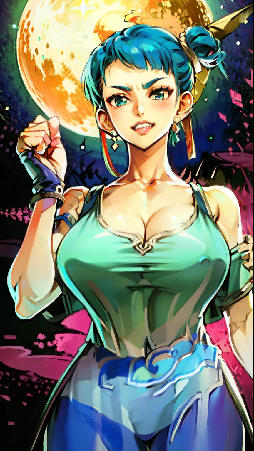 Waifu, masterpiece, curvy, breasts, moon, full moon, gloves, 1girl, clenched teeth, bulma, cleavage, large breasts, teeth, aqua hair, red gloves, tank top, blue eyes, rating:explicit,rule34, hardcore, tits,,clenched hands, punching, night, sky, jumpsuit, pants, bare shoulders, blue hair, clenched hand, rating:questionable, short hair, belt, green hair, solo, angry, orange gloves, lip biting(gigantic and massive tits:1.1), breasts, official illustration, illustration, detailed face, beautiful intricate eyes, curvy milf, 1:2), closeup, titsnipples