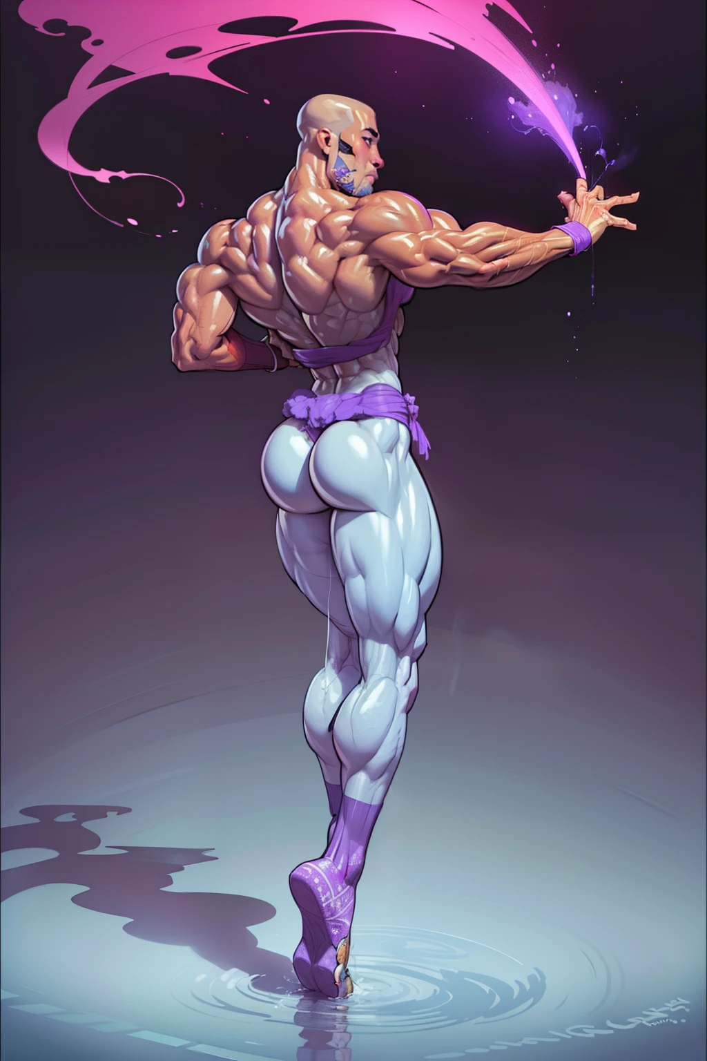 ((backside pose:1.3)), a painting of a (((muscular:1.4))) man with fire Aura, large body of water surrounds man, (looking back at viewer), The God Poseidon, ((thick muscular thighs)), The God of the Sea, gold loincloth, divine, ((colored purple skin)), colored skin, ((purple skin:1.5)),((purple face)), ((purple legs)), ((purple arms)), ((purple feet)), Like an Atlantean, ((no hair)), veiny biceps, chiseled abs, muscular legs, bald head, masterpiece, 8k