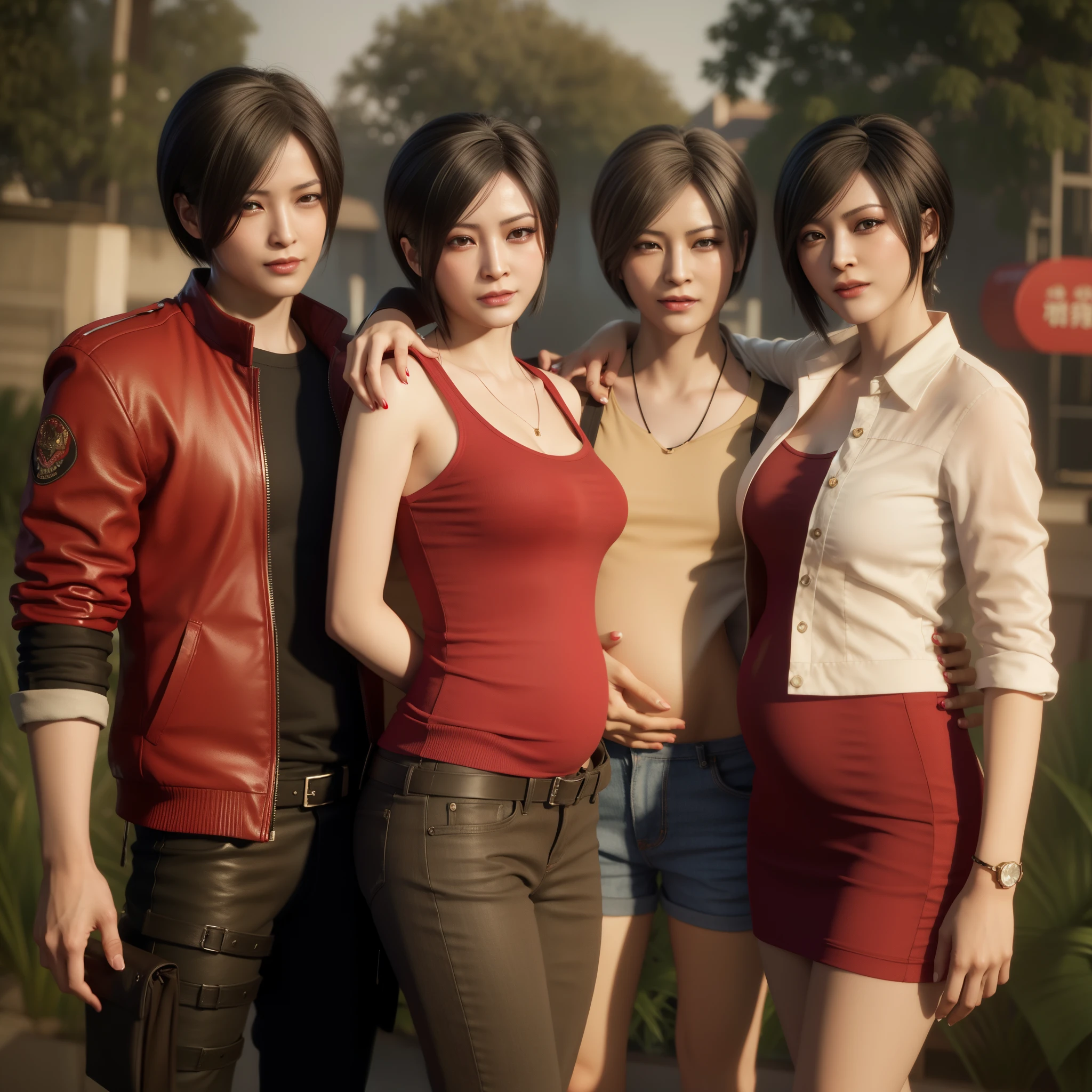 Ada wong ,Woman, wearing red dress, bob hair, red polish, glare, pregnant, happy expression, smiling
