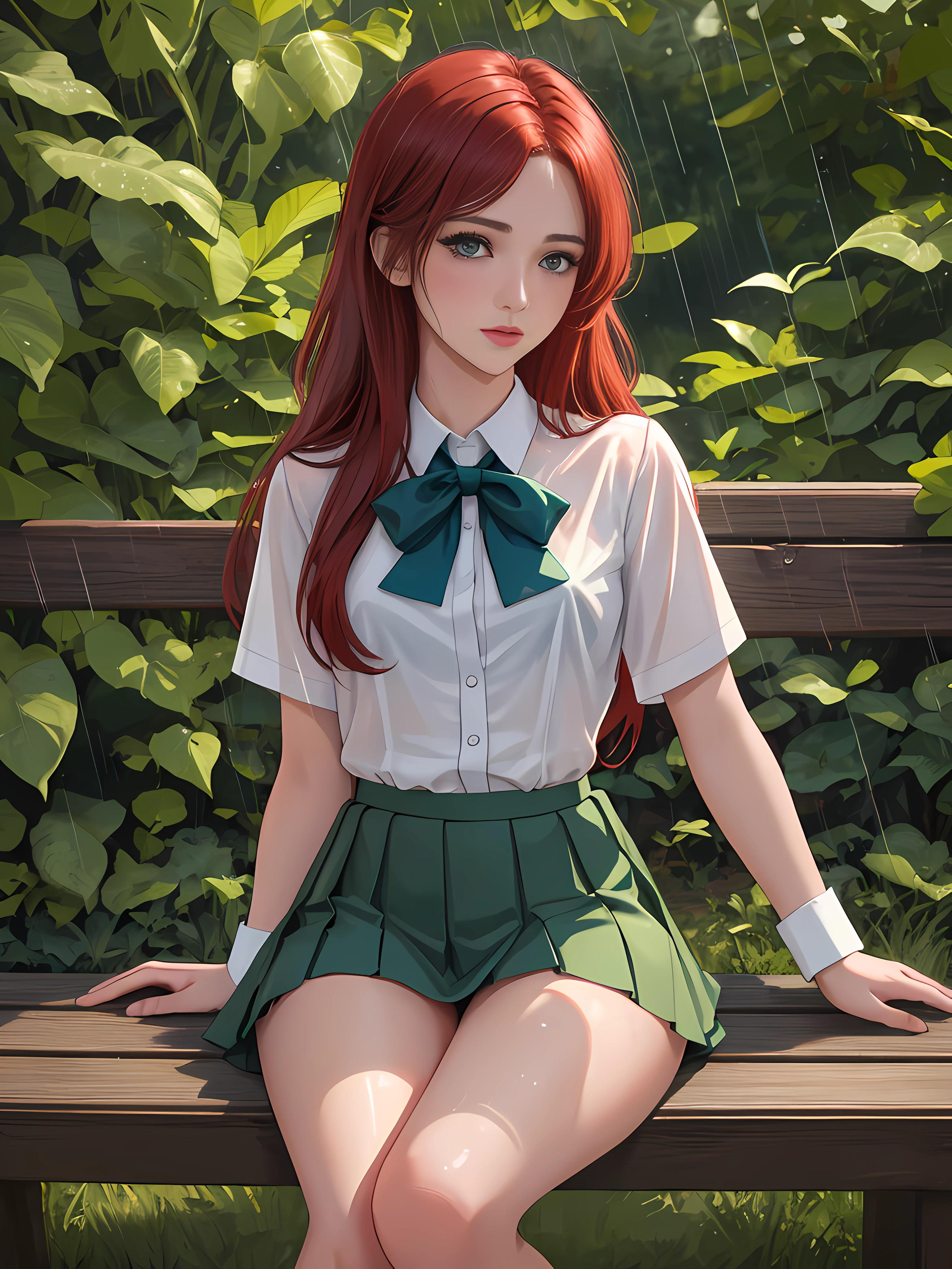 Sweat and wet body, under the rain in summer, blouse translucent from the rain, sitting cross-legged on a bench in the garden of a school, a stunningly beautiful sexy schoolgirl, 17 years old, perverted and lustful in a sensual pose, /(Big chest, perfect and detailed hands, fine fingers, perfect and highly detailed eyes, perfect face, perfect and athletic body,), /(long red hair, triangular face, perfect green eyes, shapely legs, hourglass body, medium hips, small waist), /(school uniform: white blouse, dark green miniskirt, dark blue socks,) extremely detailed light hazel eyes, detailed symmetric realistic face, extremely detailed natural skin texture, peach fuzz, masterpiece, absurdres, nikon d850 film stock photograph, kodak portra 400 camera f1.6 lens, extremely detailed, amazing, fine detail, rich colors, hyper realistic lifelike texture, dramatic lighting, unrealengine, cinestill 800 tungsten, looking at the viewer, photo realistic, raw photo, high quality, highres, sharp focus, extremely detailed, cinematic lighting, 8k uhd