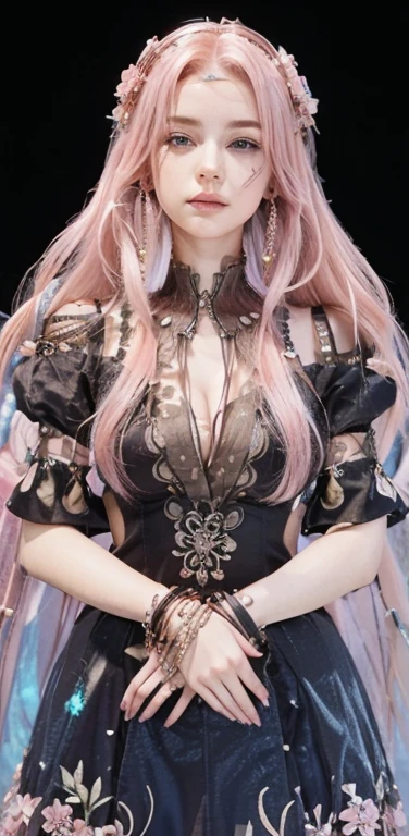 photorealistic, high resolution, 1 girl, pinkhair, hips up, detached sleeves, bare shoulders, pink hair, long hair, best quality, (hair ornament:1.35), jewelry, pink eyes, earrings, softlens with pink colour
