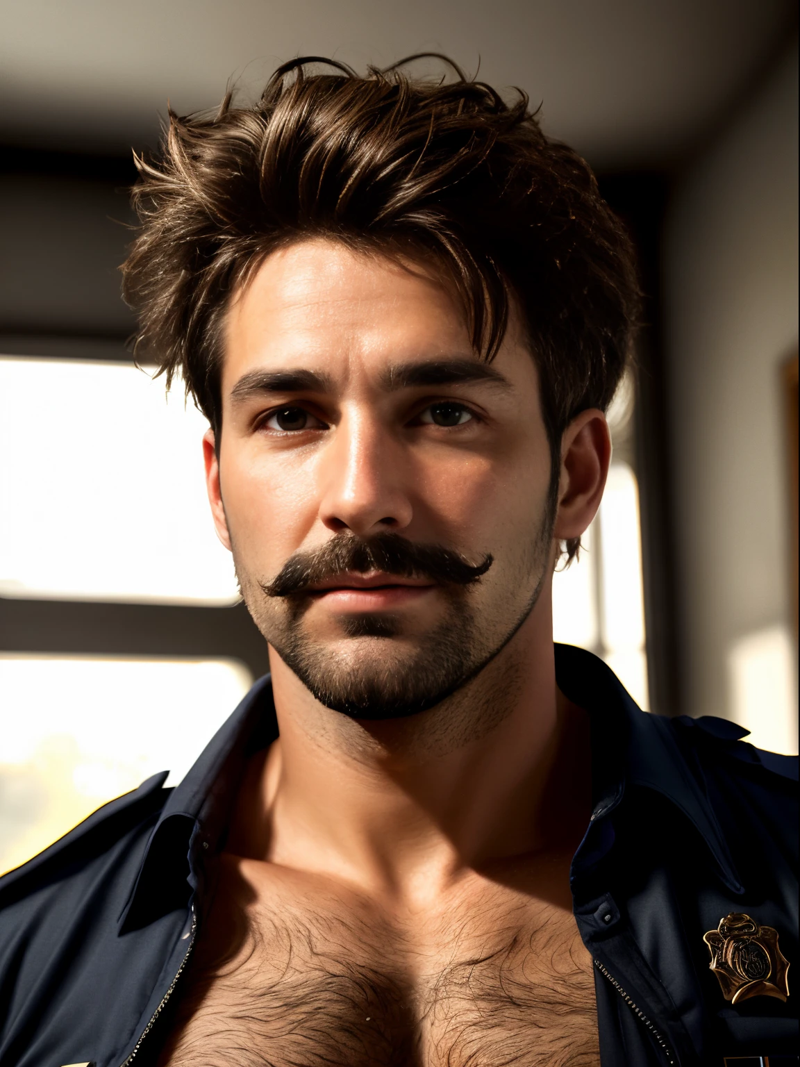 masterpiece, best quality, high resolution, closeup portrait, male focus, solo focus, A man, 35 years old man, in unbuttoned police uniform, cop, police, policeman, blonde bleached hair, messy hairstyle, cute and seductive face, bare chest, body hair, facial hair, roman nose, very skinny body, hairy legs, dimples, goatee and mustache, beard, bold jawline , in the background a dark room, soft light, view from below, amazing composition, front view, HDR, ultra quality, elegant, highly detailed