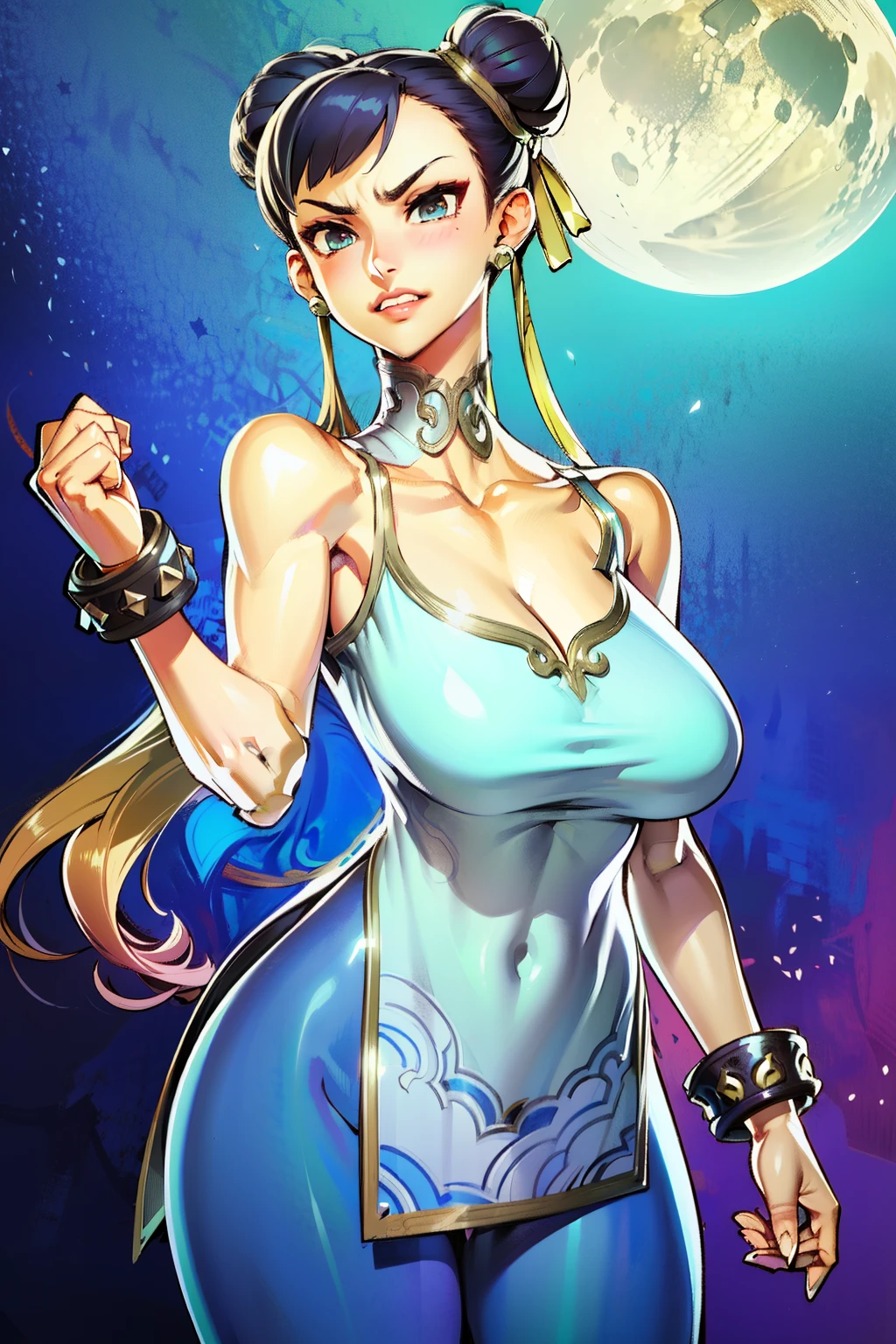 Waifu, masterpiece, curvy, breasts, moon, full moon, gloves, 1girl, clenched teeth, chun-li, cleavage, large breasts, teeth, aqua hair, red gloves, tank top, blue eyes, rating:explicit,rule34, hardcore, tits,,clenched hands, punching, night, sky, jumpsuit, pants, bare shoulders, blue hair, clenched hand, rating:questionable, short hair, belt, green hair, solo, angry, orange gloves, lip biting(gigantic and massive tits:1.1), breasts, official illustration, illustration, detailed face, beautiful intricate eyes, curvy milf, 1:2), closeup, titsnipples