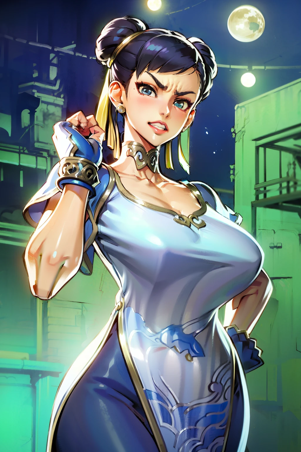 Waifu, masterpiece, curvy, breasts, moon, full moon, gloves, 1girl, clenched teeth, chun-li, cleavage, large breasts, teeth, aqua hair, red gloves, tank top, blue eyes, rating:explicit,rule34, hardcore, tits,,clenched hands, punching, night, sky, jumpsuit, pants, bare shoulders, blue hair, clenched hand, rating:questionable, short hair, belt, green hair, solo, angry, orange gloves, lip biting(gigantic and massive tits:1.1), breasts, official illustration, illustration, detailed face, beautiful intricate eyes, curvy milf, 1:2), closeup, titsnipples