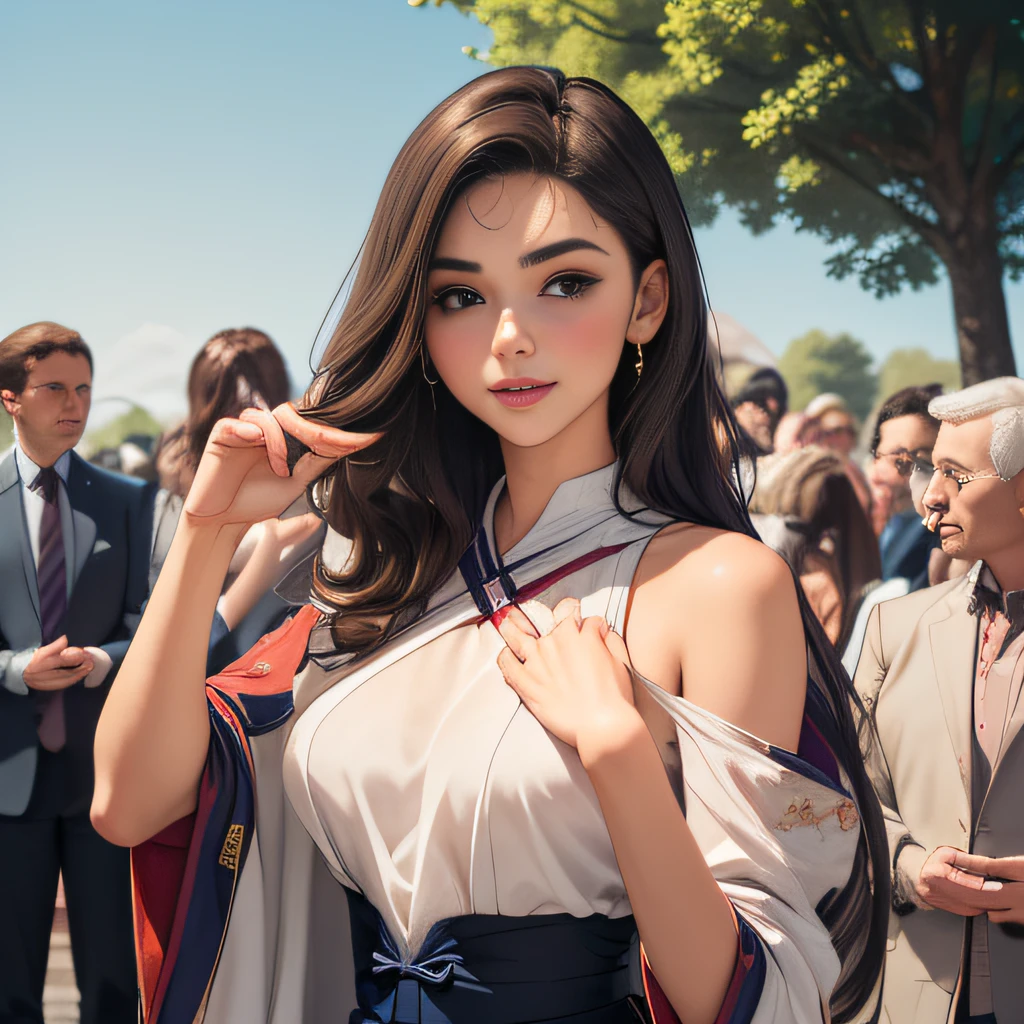 (Extremely detailed 8k wallpaper:2), (photo:2), (26 years old soigne Beautiful girl:2), (gives a lecture to friends:2), detailed (Face and eyes), (hyper realistic:1), (highly detailed:1), (epic realistic:1), rim light, (maximum details:1), cozy, (fullbody:1.3), (looking at viewer:2), (Woman's Attractive Qualities:2), (Attractive Woman:2), (Attractive:2), Smile, Intelligence, Empathy, Gracefulness, Sense of Style, Fitness, Grooming, Optimism, (Sensitivity:2), Sincerity, Romantic Gestures, Playfulness, Fashion Sense, (Sensuality:2), Charm, Modesty, Thoughtfulness, (Femininity:1), Flirtatiousness, Warmth, (Physical attractiveness:2), A beautiful smile, A love of life, strength and power, vulnerability, curiosity, wonder, love, (nature background:2), kawaii, waifu, Beautiful breasts, (attractive body:2), (Beautiful body:2), Beautiful pose, attractive pose, (Beautiful legs:1.0), (Beautiful clothes:1), (classic clothes:2), (elegant clothes:2), (European clothes:2), detailed clothes, (skirt:1), (blouse:1), (provocative pose)