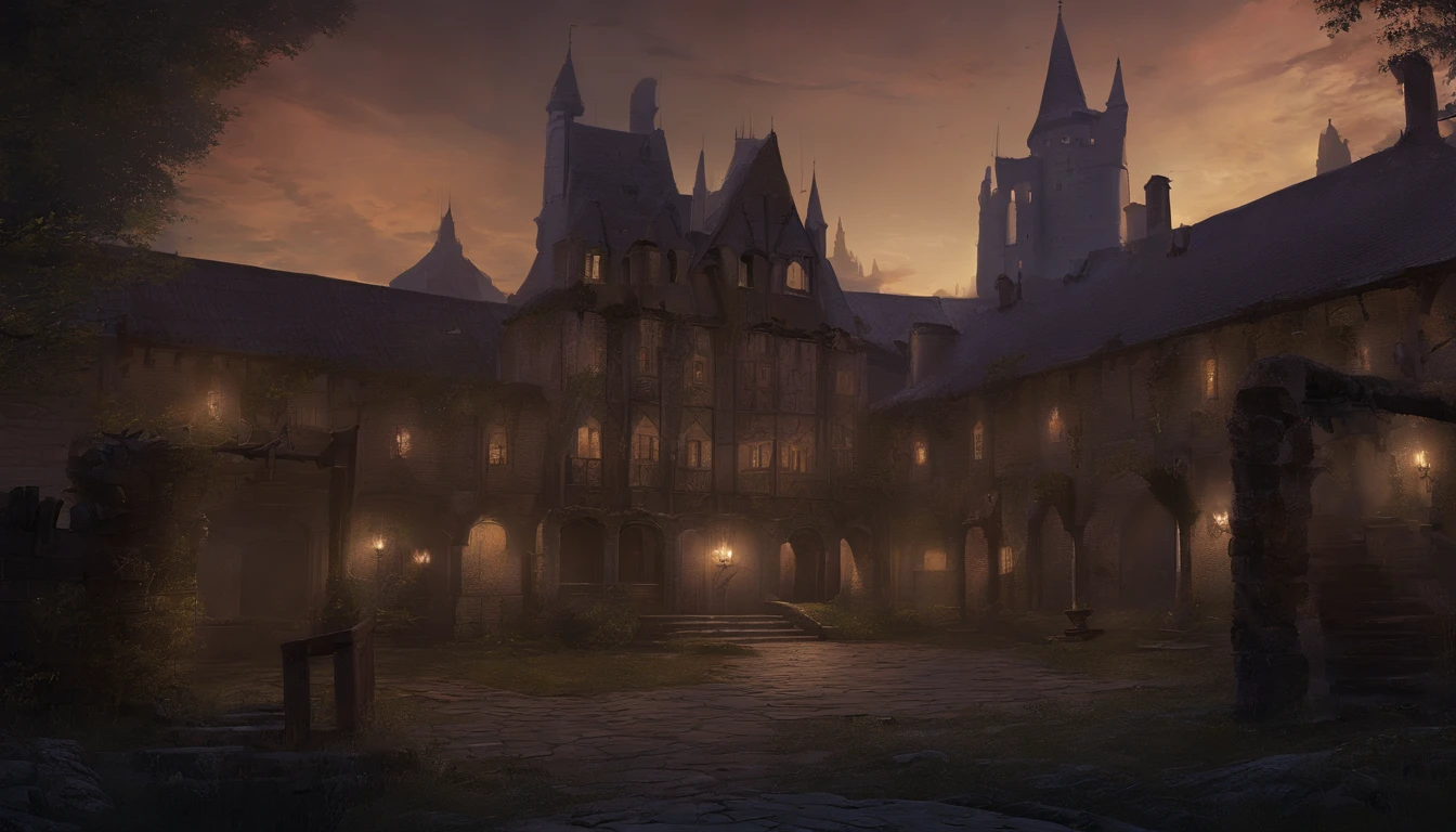 medieval fantasy noble estate in at the far end of a main hall in the evening, farther away from prying eyes and ears, it is dark outside, the atmosphere is of conspiracy