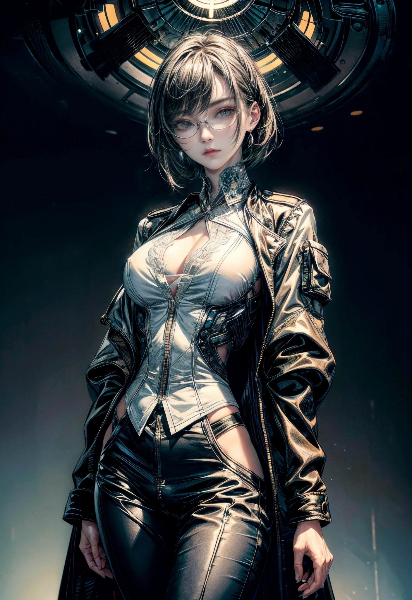 Cinematic lighting,super detailed skin、Beautiful detailed eyes、Best Quality,cyberpunked,(Alternative、dim colors, Soothing tones、Perfect Anatomy:1.3),NSFW(1beautiful woman、Detailed beautiful facial features:1.3)(black hair shorthair、eye glass:1.5)(well-shaped breasts、White shirt、Black Satin Suit Slacks:1.2).A dark-haired、eye glass(black formal jacket:1.3)hands in the pocket、arms in arms(First revealed:1.6)(Dynamism:1.4)airport、natta。jpn