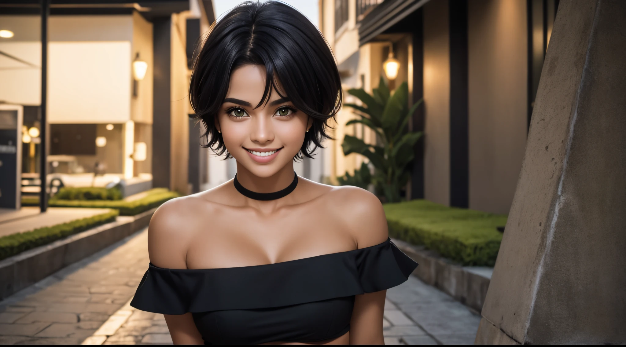 uma jovem de cabelo preto, olhos verdes, short hair up to the shoulders, ela em uma barzinho, it is night time, com roupas leves e bonitas, com riqueza de detalhes, melhor fotografia, obra prima, luz cinematografica, sorridente, mostrando os dentes, feliz,