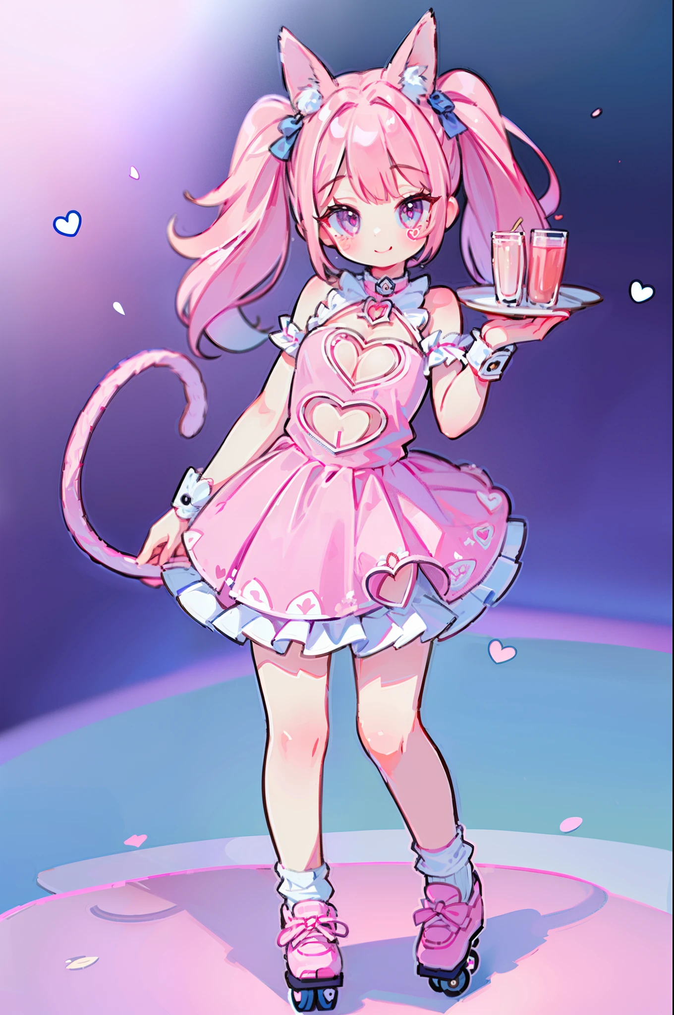 Masterpiece, best quality, high quality, ultra detailed, Girl standing on roller skates, with a tray in one hand, pink shirt, white skirt, (loose socks), heart choker, ((cleavage cutout)), ((heart cutout)), big twin-tails hair, small breasts, cleavage, looking at viewer, smile, Tail On the head