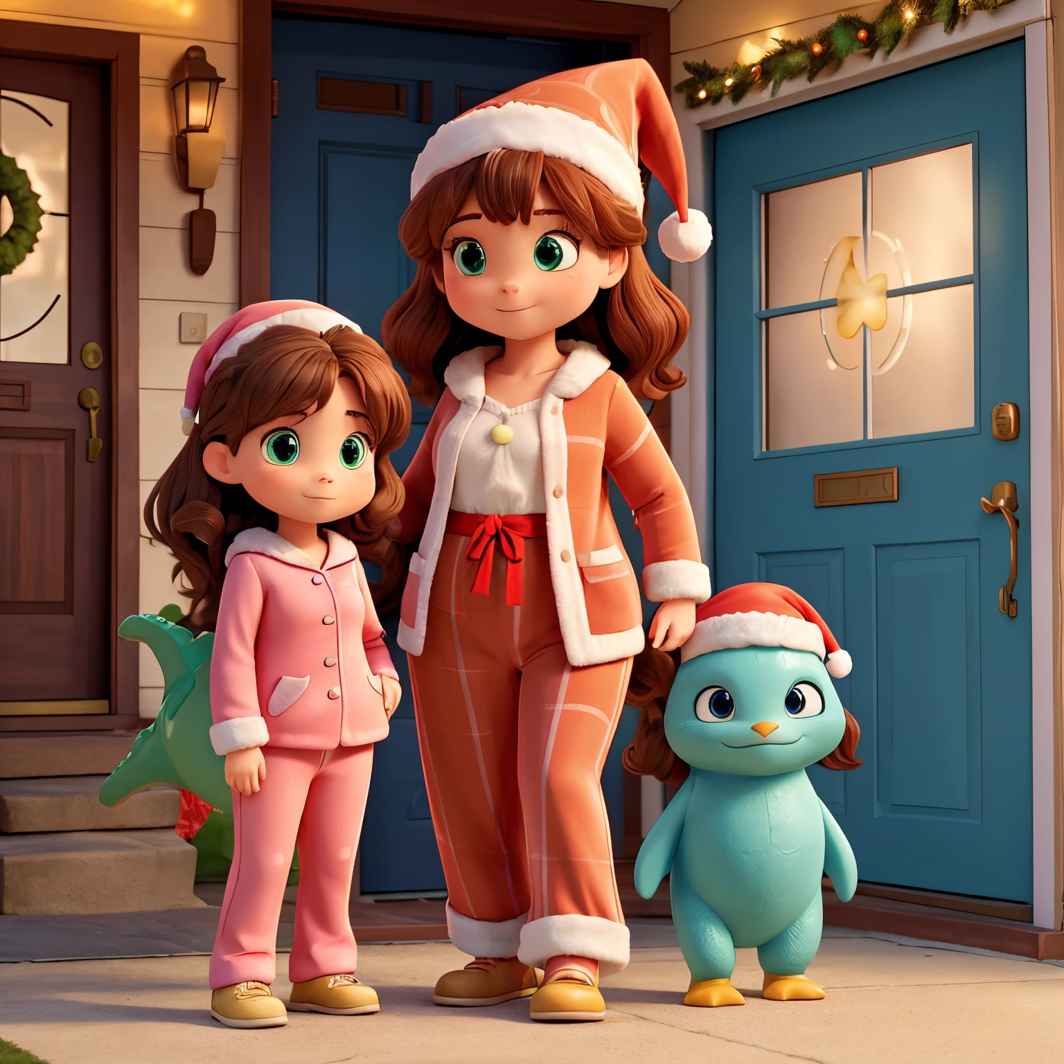 there are two women in matching pajamas. The pajamas are light pink with little white penguins on them. The woman on the left has mid length brown hair, and hazel-green eyes, she's plus size, she's holding a fluffy white cat with blue eyes the woman on the right has long red hair and blue eyes, the woman on the right is holding a large green inflatable dinosaur wearing a santa hat. Behind them is a front door with Christmas lights on it.