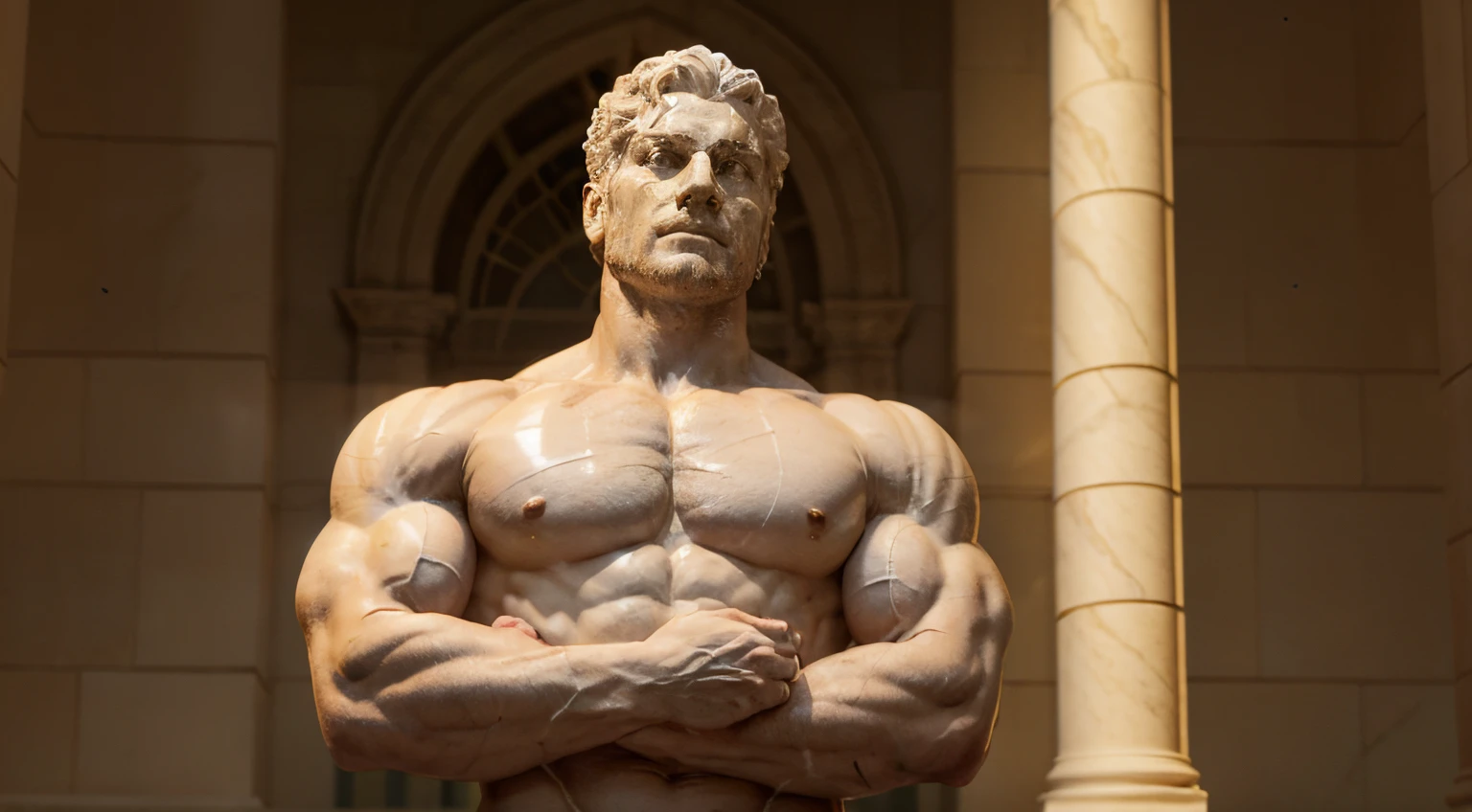 A white marble statue depicting a muscular leader in a contemplative posture, with carved muscles and thoughtful expression, iluminada por luces suaves que resaltan su liderazgo sabio, sobre un fondo oscuro que subraya su autoridad.