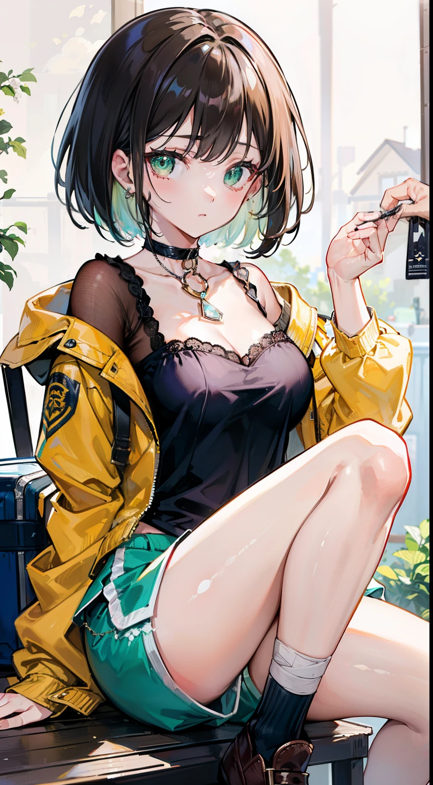 (top-quality、masterpiece、high-level image quality、Super delicate)、((a beauty girl))、(Silky mocha brown gradation hair)、(straight elegant medium bob、Long bangs)、(Brainwashed, sky green eyes)、a choker、breasts of medium size,、((jacket and shorts、Traveler's Costume))、((Cuffed))、Straight face、she was a slave、 ((Brainwashing hypnosis))、bandaged