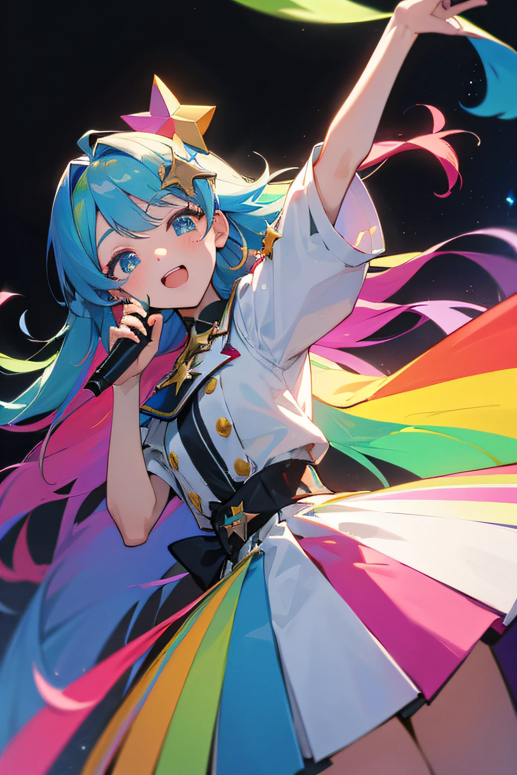 (​masterpiece、top-quality)、VTUBER IDOLS ARE SINGING SONGS、Facing the front、rainbow-colored hair、Star Hair Ornament