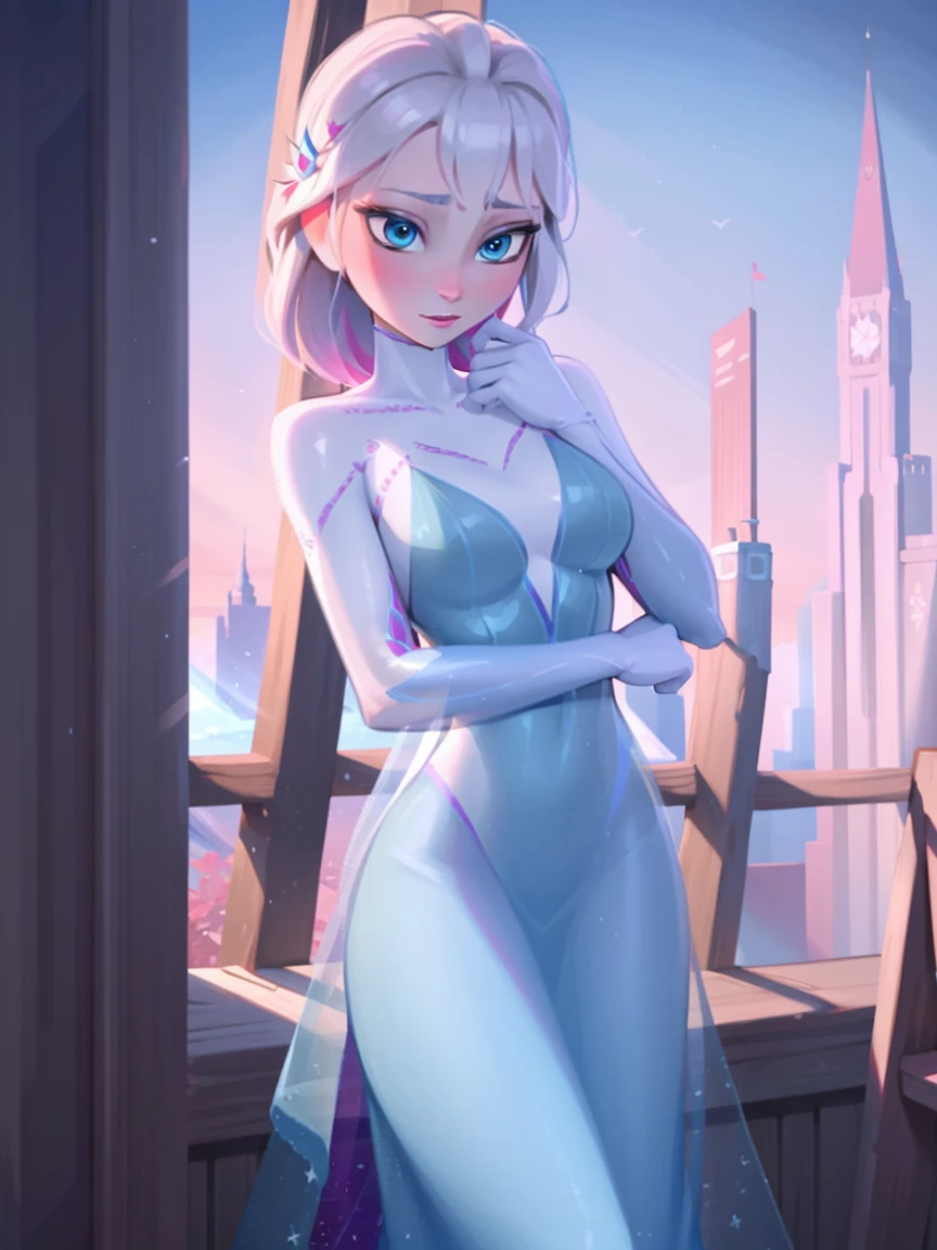 Elsa of arendelle, wearing spidergwen costume, spidergwen costume, elsa of arendelle, blue ice dress, single braid