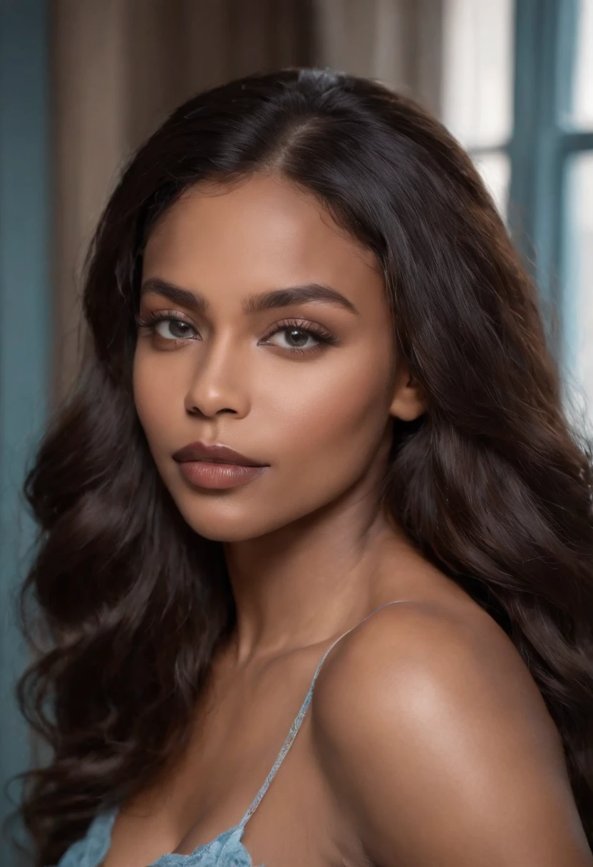 Beautiful dark-skinned woman with sensual blue bedroom eyes. seins moyens, Full puffy lips, long and luxurious hair. Joli cul rond taille mince. حريري السلس i