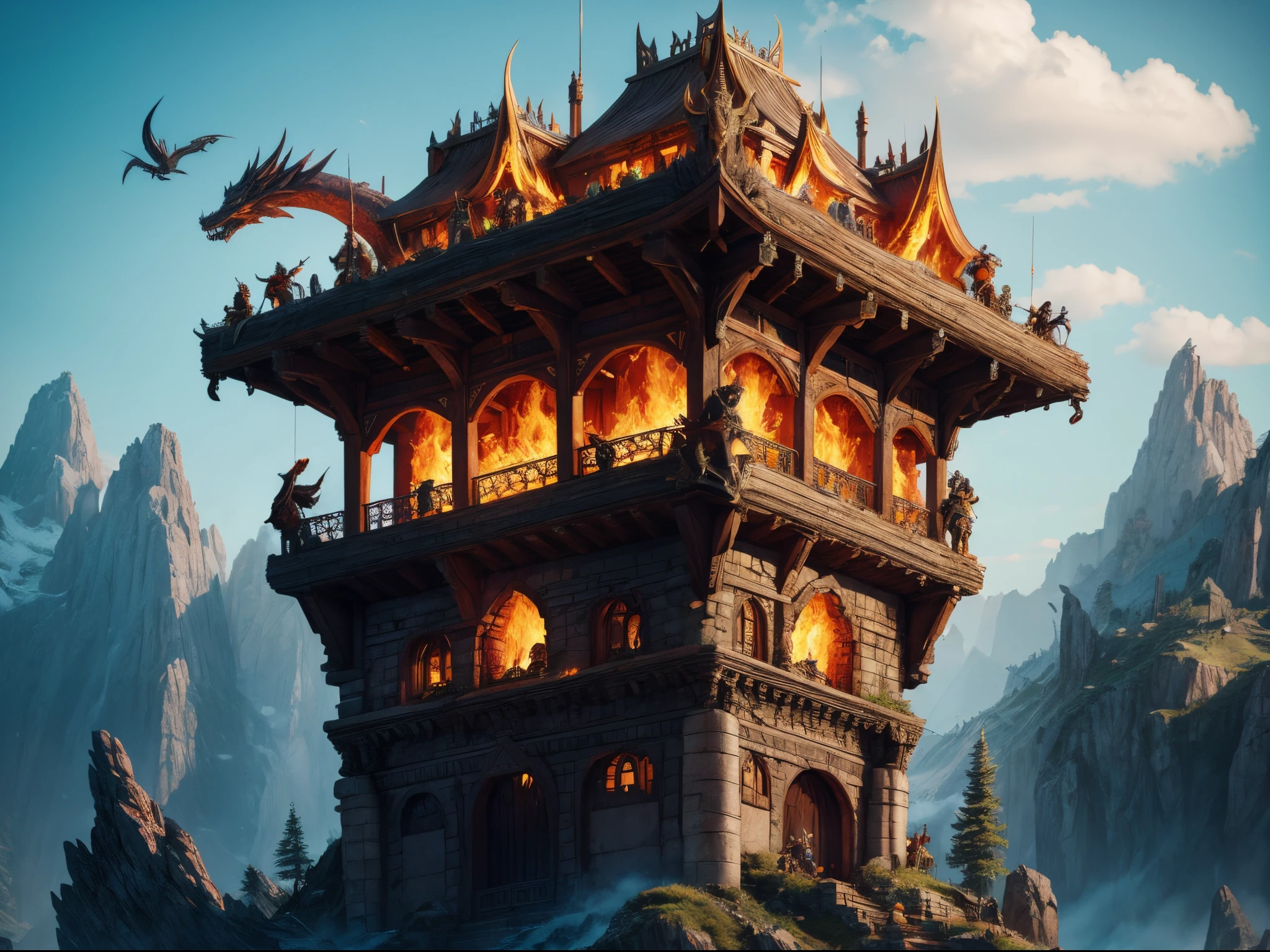 At the peak of a floating island, a majestic dragon made of crystal and fire guards an ancient treasure chest. A group of intrepid adventurers approaches, determined to claim the prize.