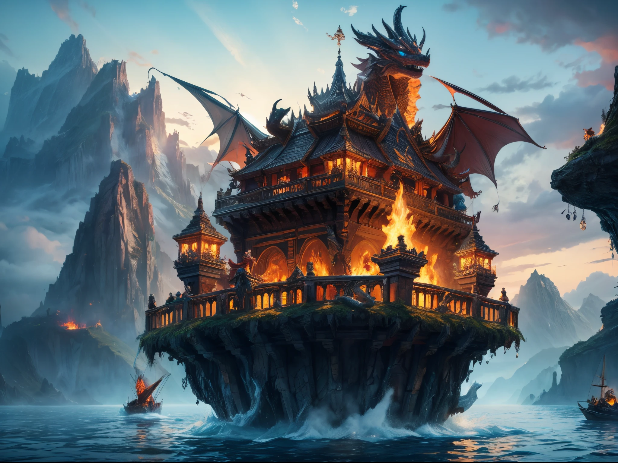 At the peak of a floating island, a majestic dragon made of crystal and fire guards an ancient treasure chest. A group of intrepid adventurers approaches, determined to claim the prize.