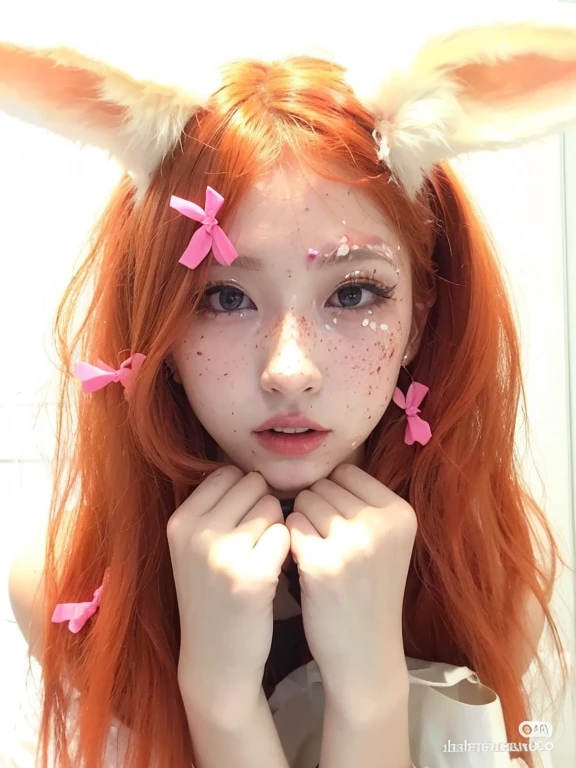 hay una mujer pelirroja y orejas de conejo con lazos rosas, Hermosa Delphine, Dulce conejita ultrarrealista, Sakimichan, Chica con orejas de zorro, ulzzang, maquillaje popular de Corea del Sur, Fairycore, con orejas de conejo, Zorra, Chica de anime en la vida real, Cara de Ahegao, Conejita, orejas de zorro esponjosas
