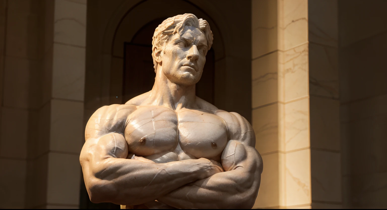 A white marble statue depicting a muscular leader in a contemplative posture, with carved muscles and thoughtful expression, iluminada por luces suaves que resaltan su liderazgo sabio, sobre un fondo oscuro que subraya su autoridad.